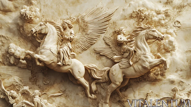 Winged riders in a swirling celestial stone dreamscape.