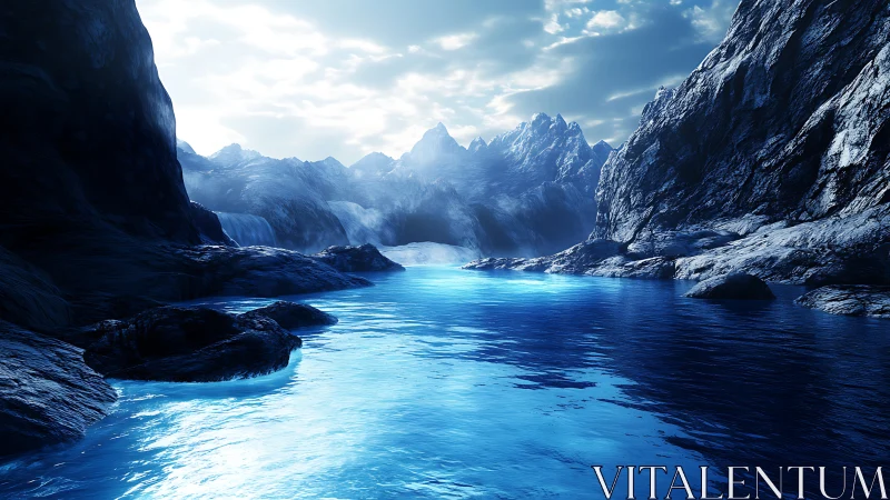 Icy mountain fjord with luminous blue glacial water.