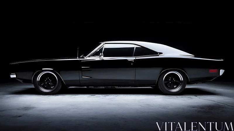 Classic black muscle car rests in dramatic studio shadows