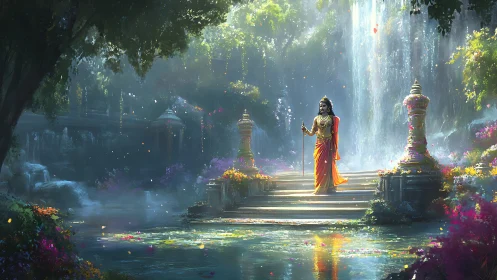 Divine figure on temple steps in lush waterfall garden scene.