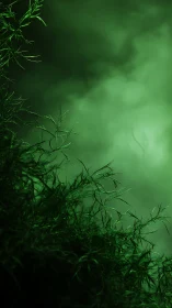 Backlit aquatic foliage emerges against diffused green haze