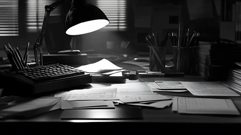 Cozy late-night desk glowing with quiet working focus.