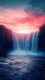 Digital painting of twilight waterfall under neon sky.