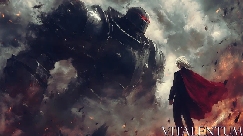 Armored giant confronting cloaked figure in burning haze.