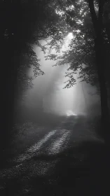 Monochrome forest path with overhead light penetration.