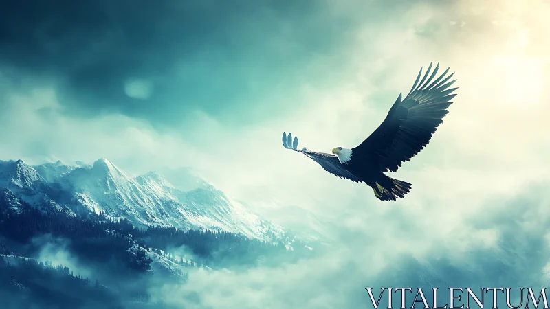 Majestic bald eagle soaring over misty snowy mountains at sunrise.