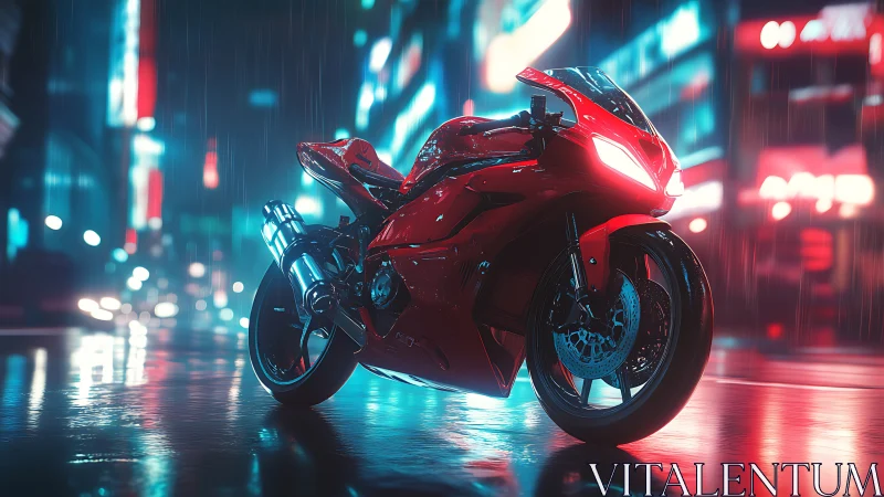 Red superbike under neon rain in futuristic city street.