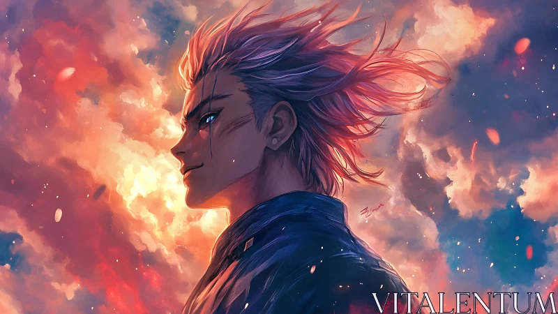 Anime warrior profile against glowing sunset sky.