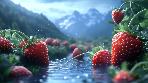 Glowing strawberries shimmer beside a crystal mountain stream.