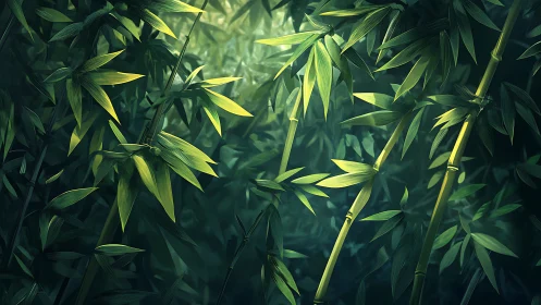 Dense green bamboo stalks and leaves fill the shaded frame