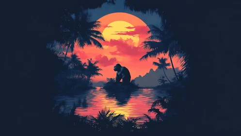 Solitary ape silhouette studies neon sunset over jungle lagoon