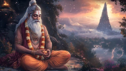 Elderly robed figure meditating before distant towered temple.