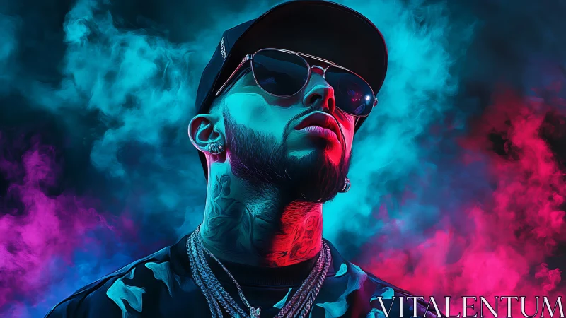 Neon-lit hip-hop portrait in blue and magenta smoke glow.