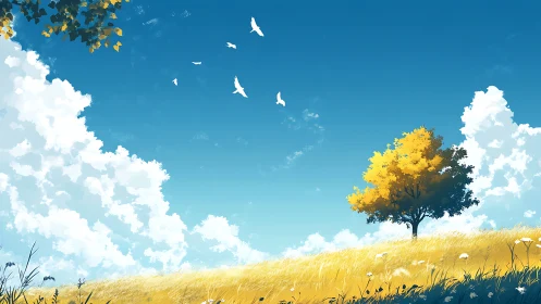 Lone golden tree on bright grassy hillside under blue sky.