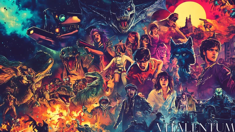 Collaged scene arranges characters, creatures and vehicles