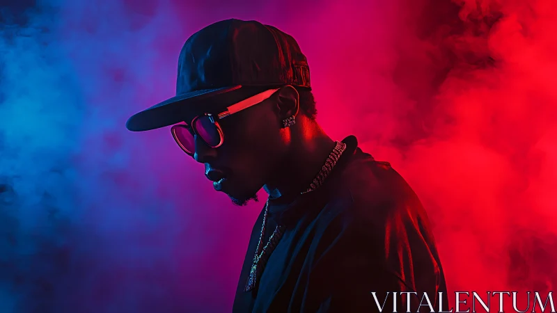 Neon bi-color portrait in cinematic rim-lit studio haze.