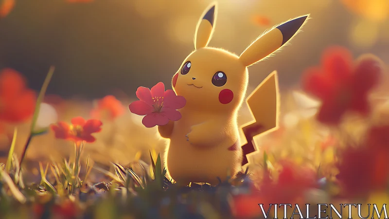 Softly lit Pikachu renders with shallow DOF in floral meadow