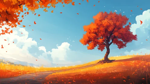 Lonely orange tree on rolling autumn hillside under sky.