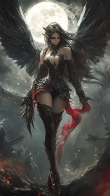 Dark winged sorceress walking beneath a full moon.