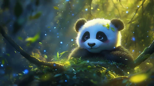 Baby panda glows in enchanted forest light, soft fur sparkles