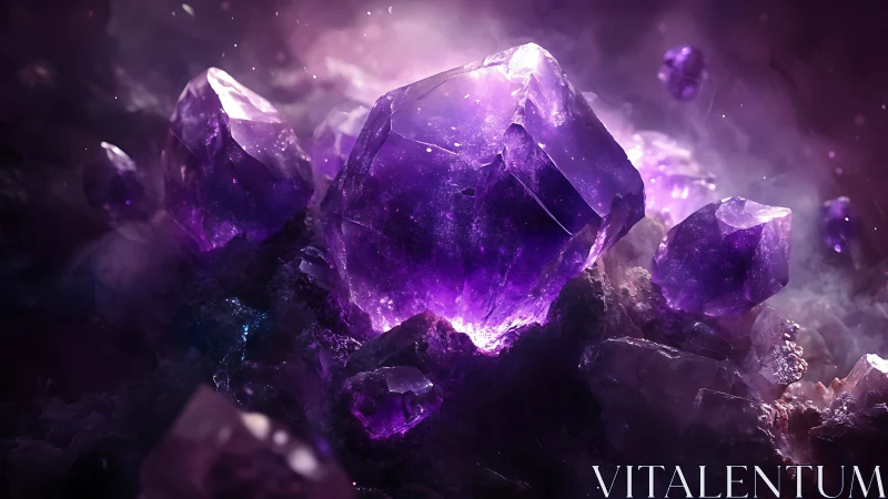 Purple crystalline mineral cluster is rendered in dense fog