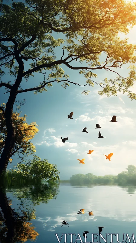 Sunlit lakeside canopy with migrating birds in golden flight.