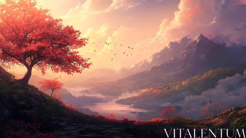 Vibrant red tree overlooking misty valley and mountains