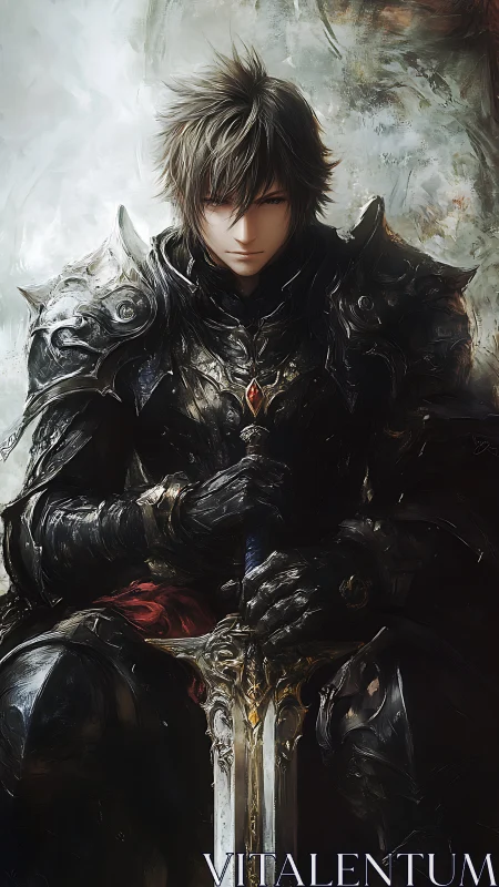 Stoic dark knight resting in ornate armor and quiet light.