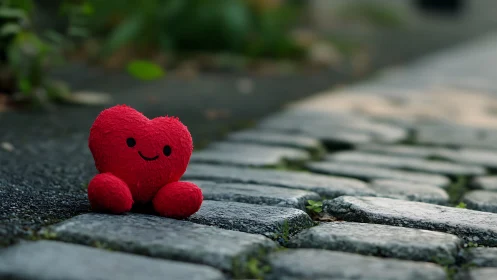 Red plush heart toy seated on weathered stone surface.