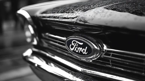 Chromed Ford grille macro with shallow depth-of-field focus.