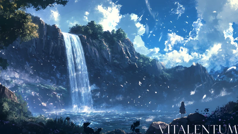 Solitary girl gazes at a luminous waterfall under vast sky