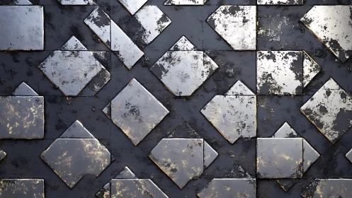 Metallic geometric wall pattern with worn diamond tiles.
