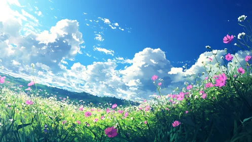 Wildflower meadow glows beneath towering summer clouds.