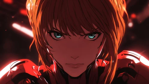 Intense red haired anime warrior in glowing armor portrait.