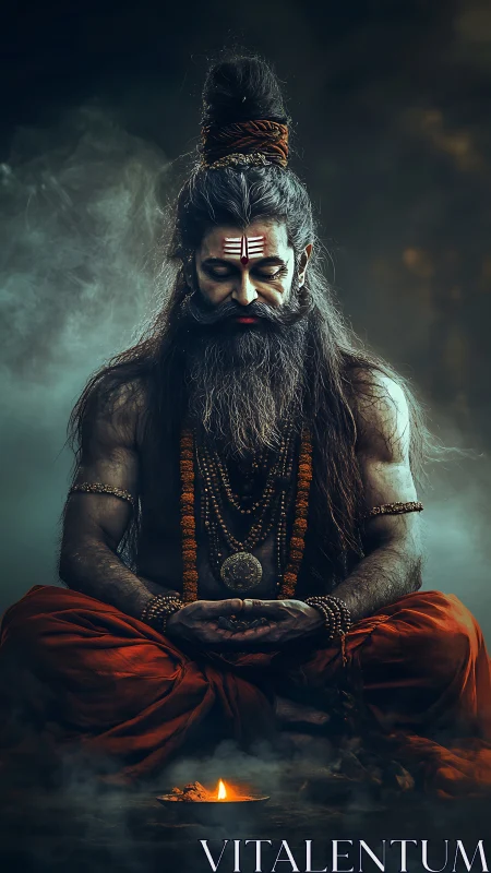 Digital painting of meditative sage in smoky chiaroscuro focus.