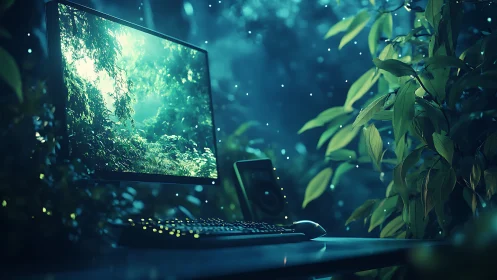 Holographic desktop in bioluminescent jungle lighting study