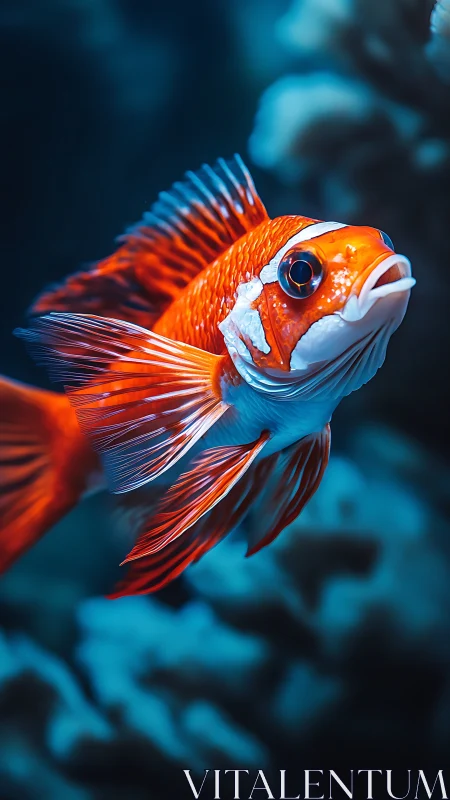 Red tropical fish in sharp focus against blue reef background.