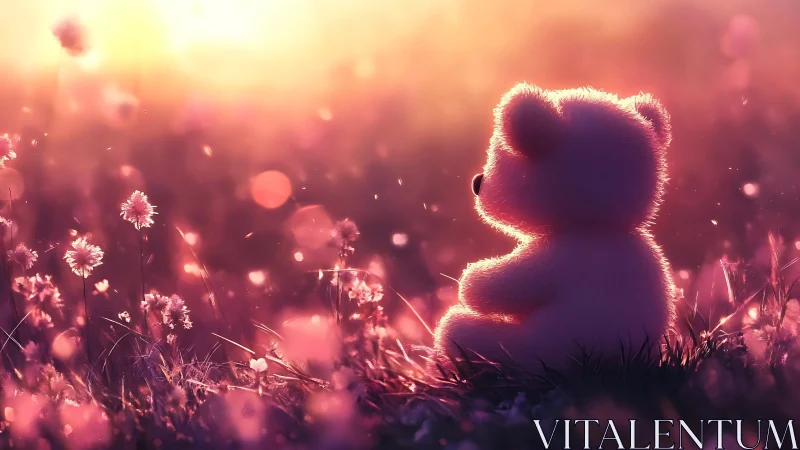 Teddy bear sits in glowing sunset field with soft focus
