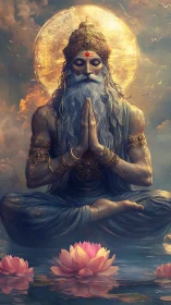 Serene lotus sage in golden light invites quiet reflection.