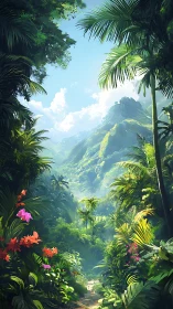 Jungle valley opens a sunlit path toward misty emerald peaks