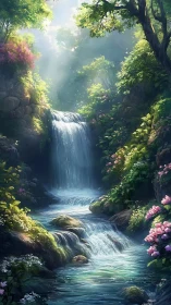 Luminous forest cascade with atmospheric light scattering dynamics.