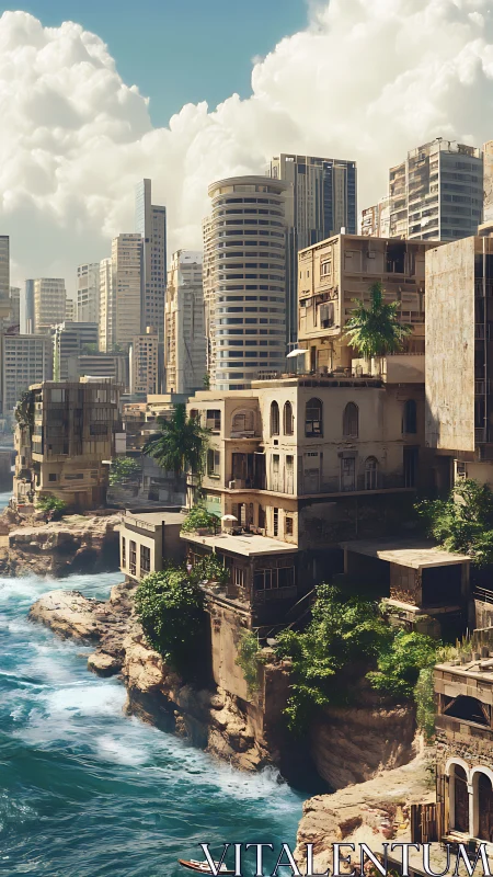 Coastal high-rise skyline with decayed cliffside housing interface