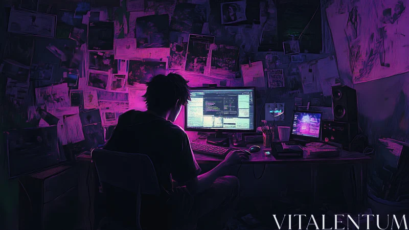Lone coder at night in neon lit, cluttered workspace.