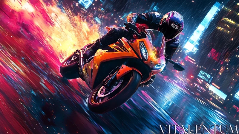 Motorcyclist leans into high-speed turn on neon wet street