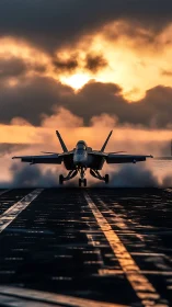 Jet aircraft accelerates on carrier deck at low sun angle