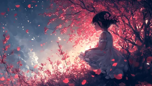 Girl in white dress sits amid dense pink foliage at dusk