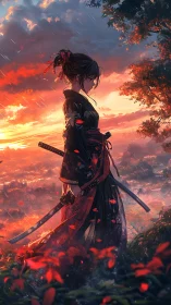 Solitary katana-wielding kunoichi in red-black kimono at dusk