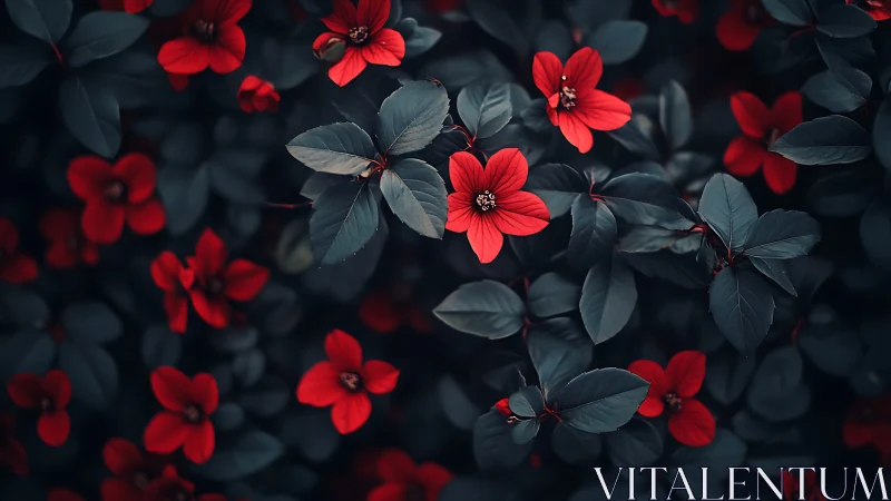 Red flowers blooming against dark foliage creates striking visual contrast