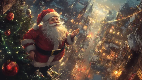 Santa Claus stands beside lit tree above glowing winter town