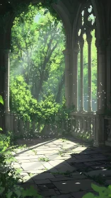 Overgrown stone arcade opening onto dense green forest.